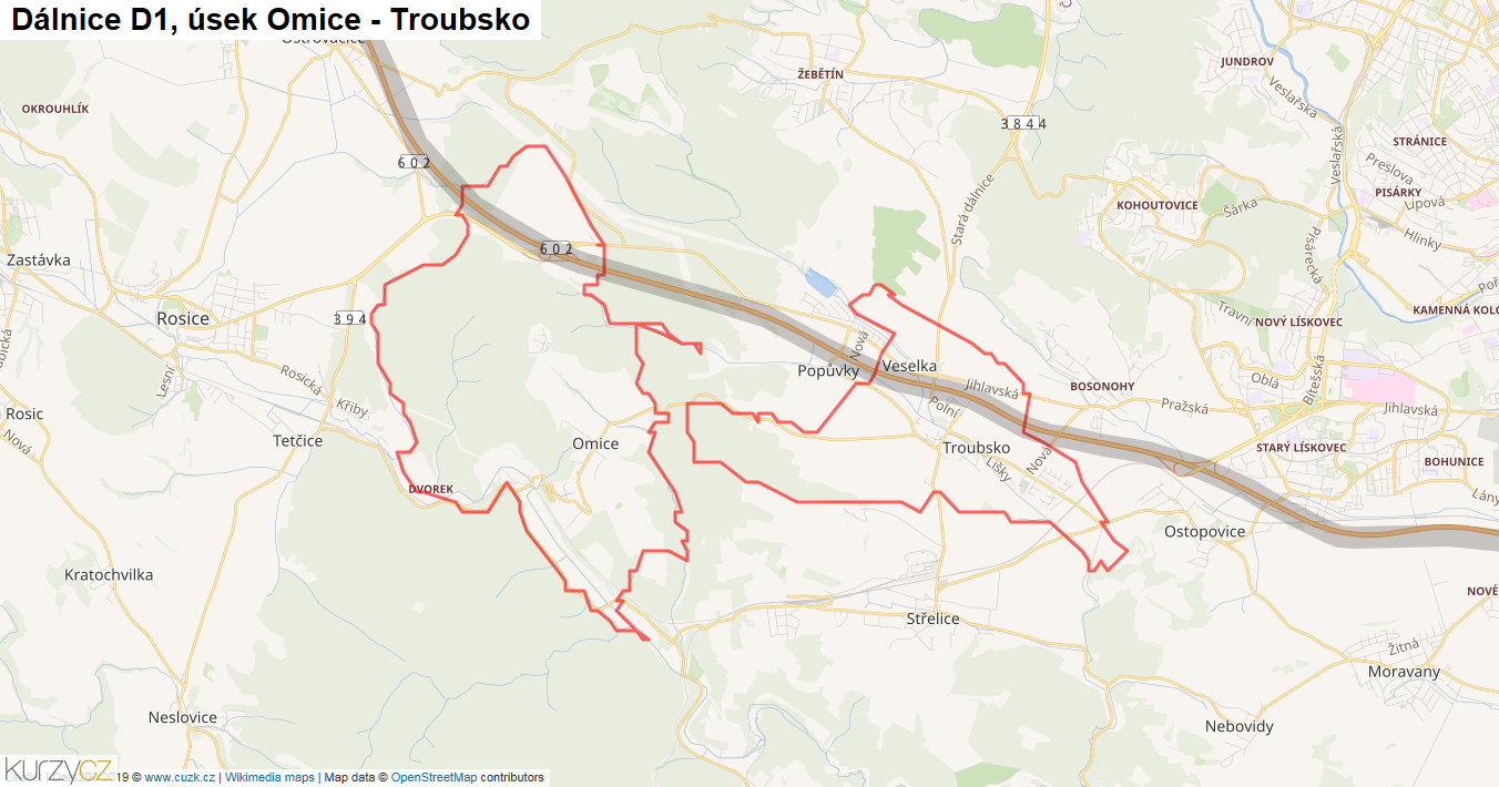 Úsek Omice - Troubsko, Dálnice D1 - Mapa