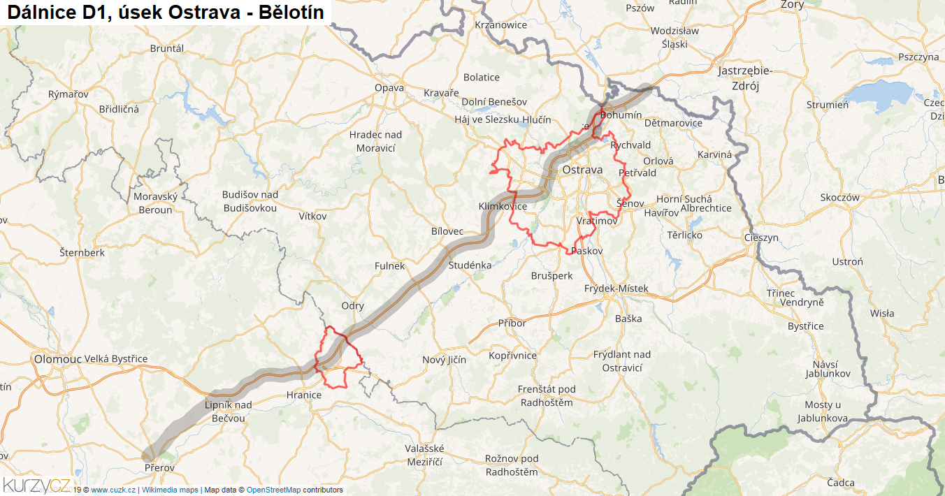 Úsek Ostrava - Bělotín, Dálnice D1 - Mapa