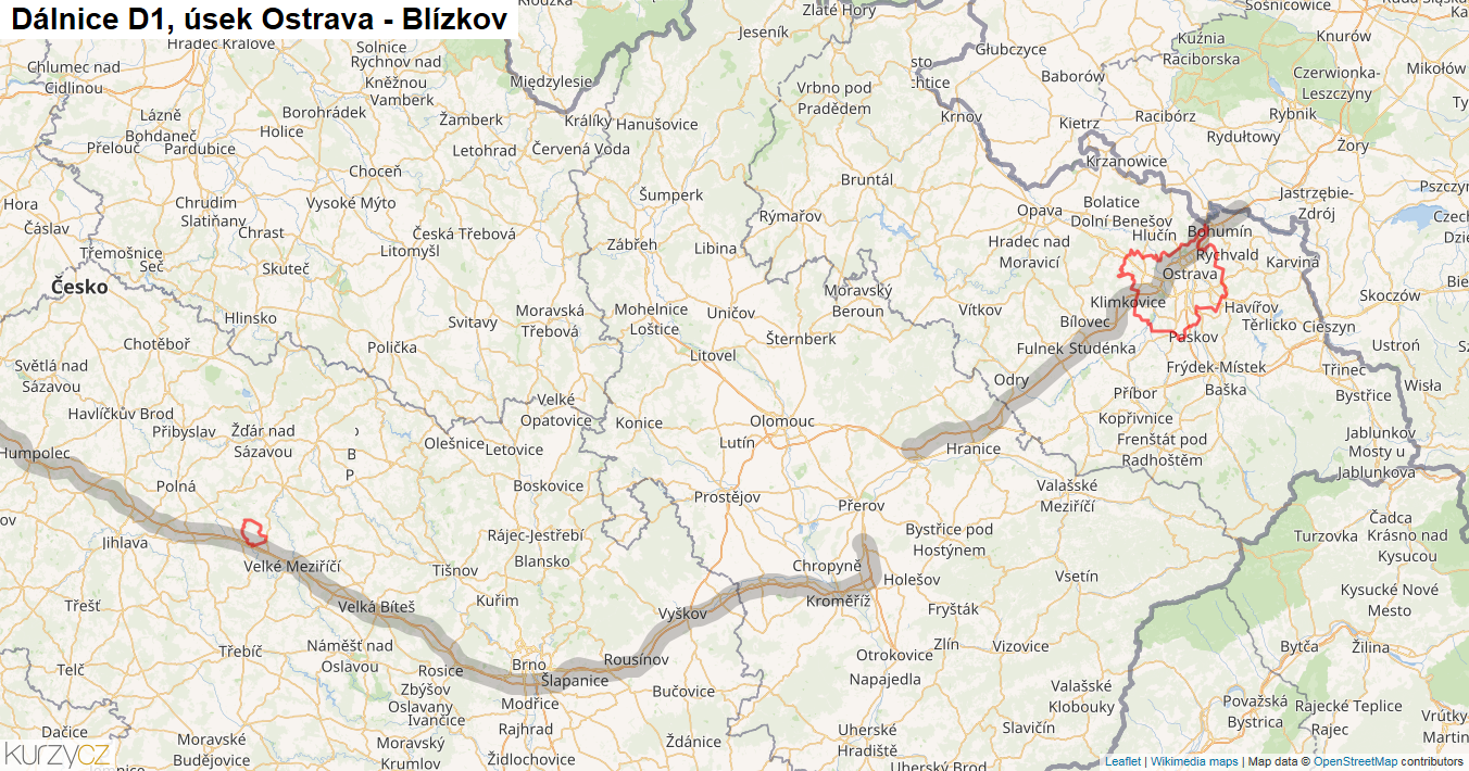Úsek Ostrava - Blízkov, Dálnice D1 - Mapa