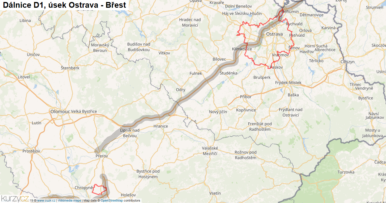 Úsek Ostrava - Břest, Dálnice D1 - Mapa