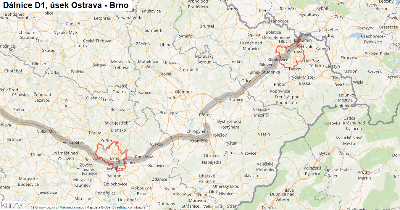 Úsek Ostrava - Brno, Dálnice D1 - Mapa