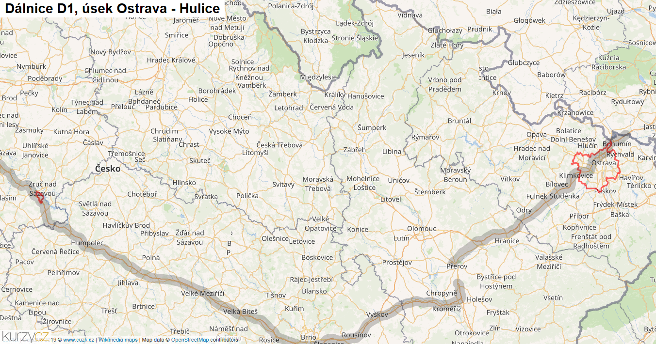 Úsek Ostrava - Hulice, Dálnice D1 - Mapa