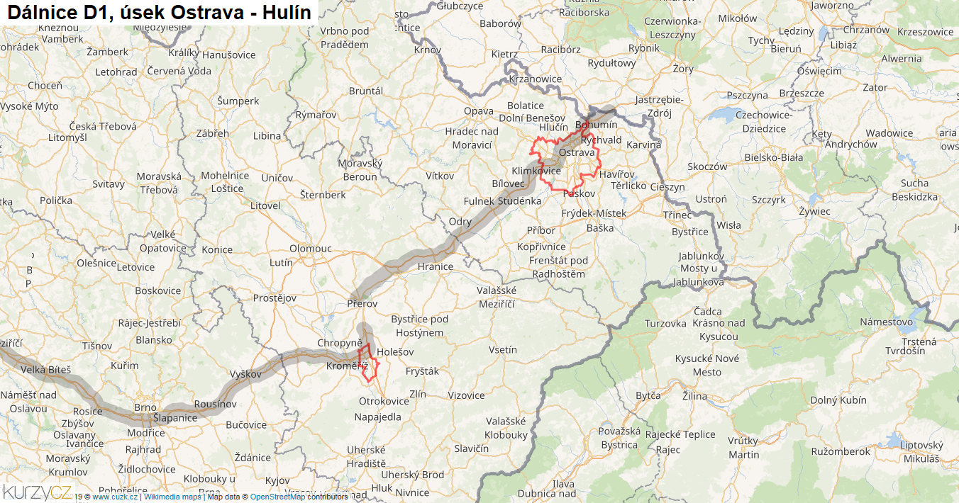 Úsek Ostrava - Hulín, Dálnice D1 - Mapa
