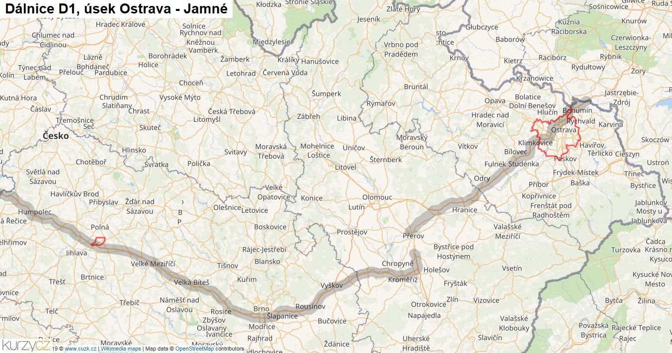 Úsek Ostrava - Jamné, Dálnice D1 - Mapa