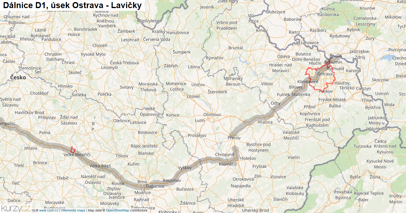 Úsek Ostrava - Lavičky, Dálnice D1 - Mapa