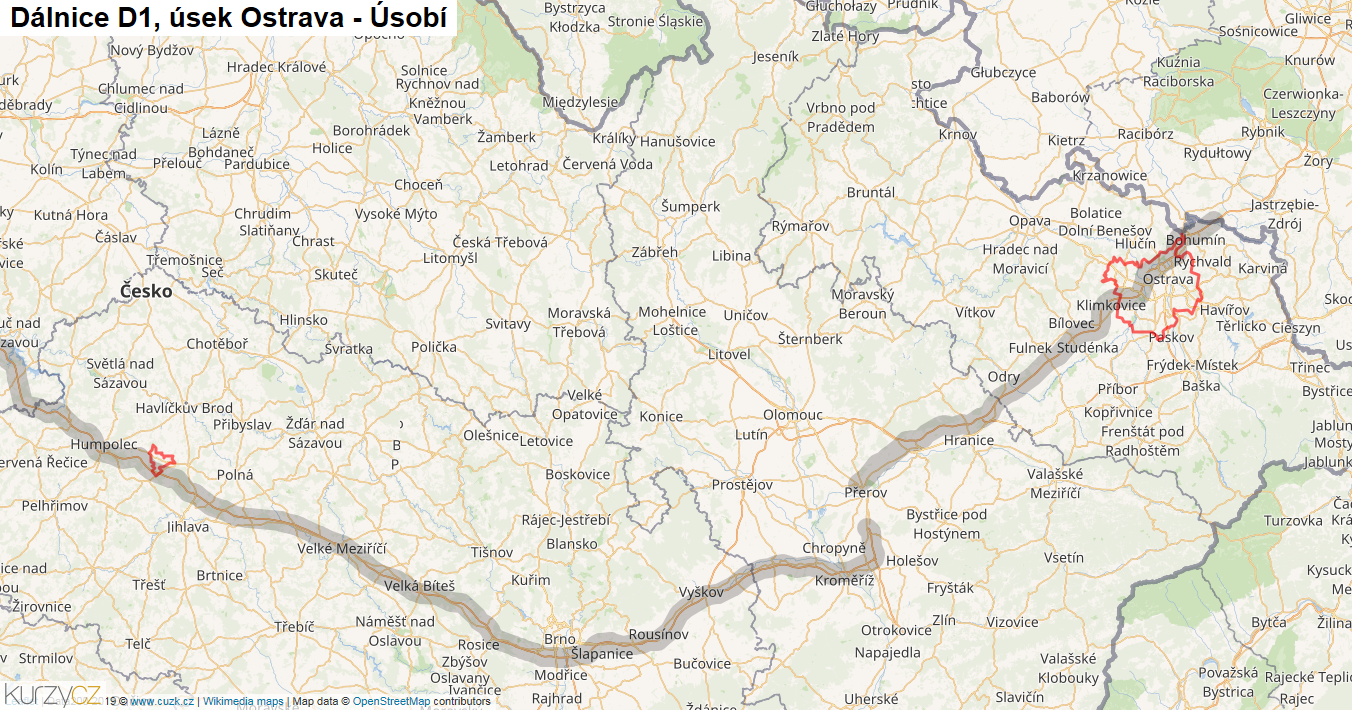 Úsek Ostrava - Úsobí, Dálnice D1 - Mapa