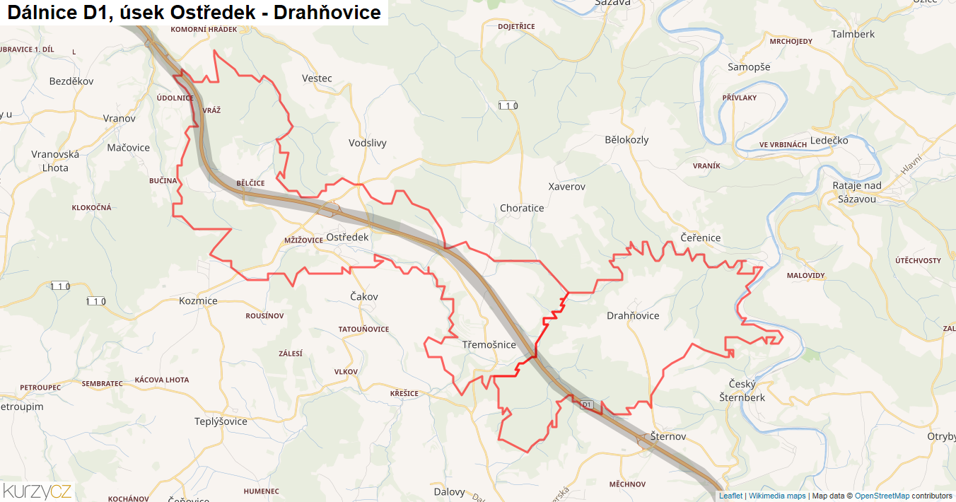 Úsek Ostředek - Drahňovice, Dálnice D1 - Mapa