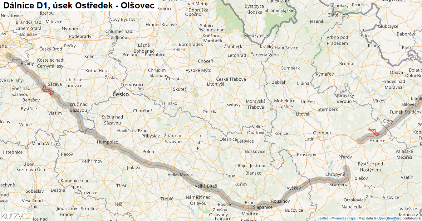 Úsek Ostředek - Olšovec, Dálnice D1 - Mapa