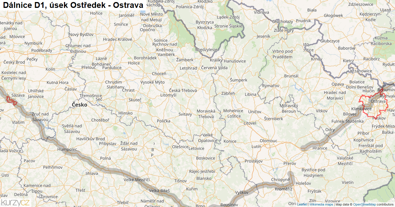 Úsek Ostředek - Ostrava, Dálnice D1 - Mapa