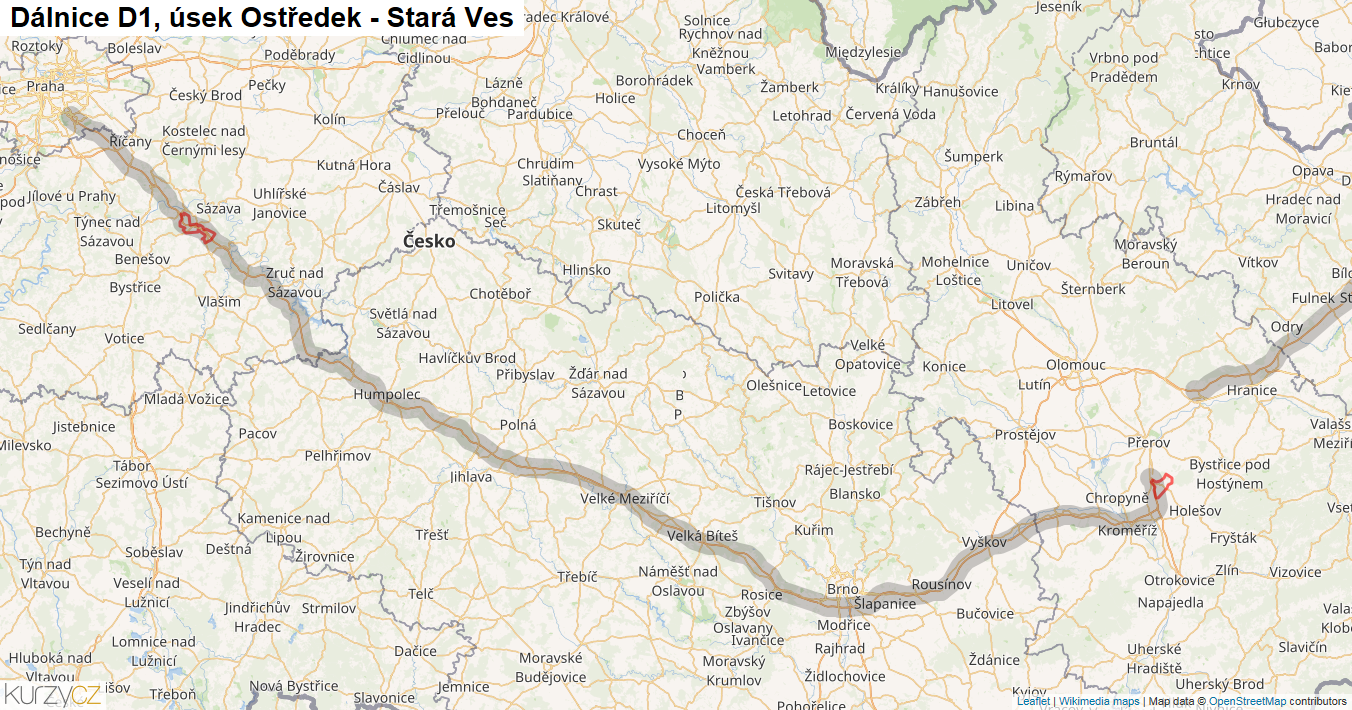 Úsek Ostředek - Stará Ves, Dálnice D1 - Mapa