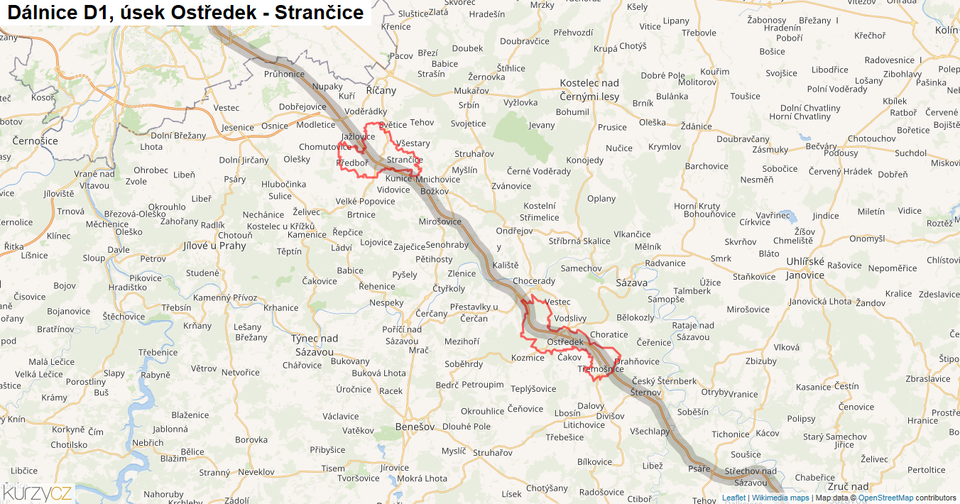 Úsek Ostředek - Strančice, Dálnice D1 - Mapa