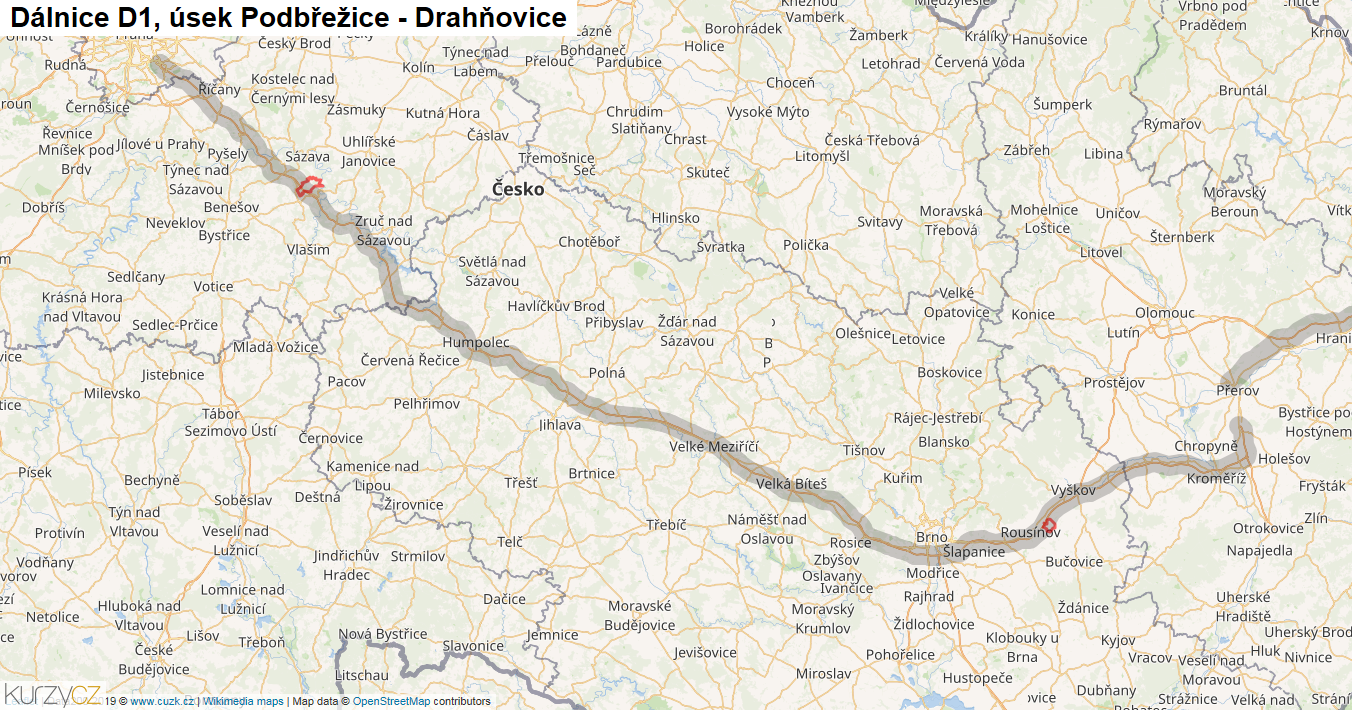 Úsek Podbřežice - Drahňovice, Dálnice D1 - Mapa