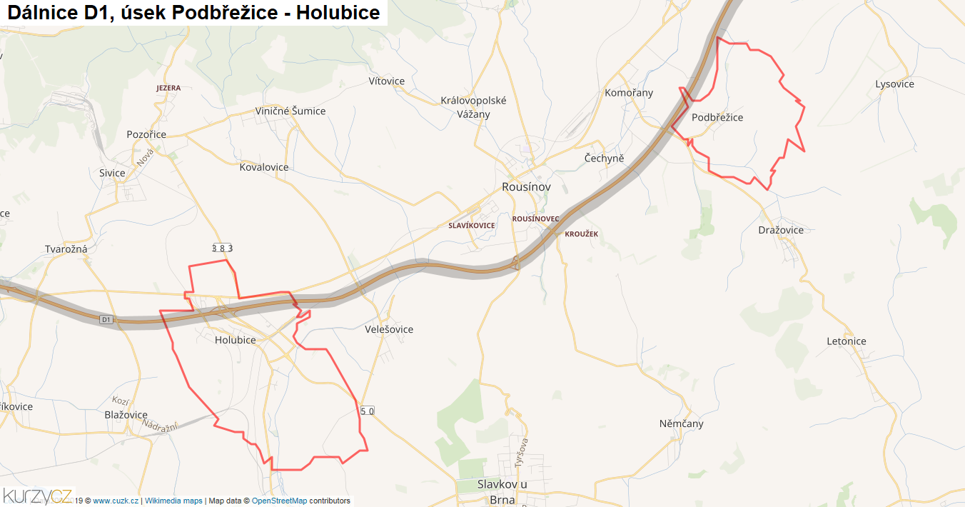 Úsek Podbřežice - Holubice, Dálnice D1 - Mapa