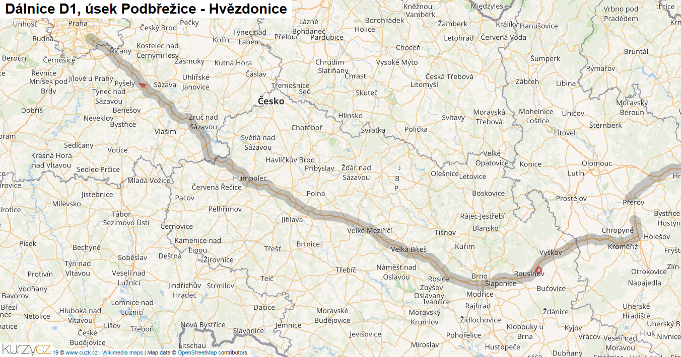 Úsek Podbřežice - Hvězdonice, Dálnice D1 - Mapa