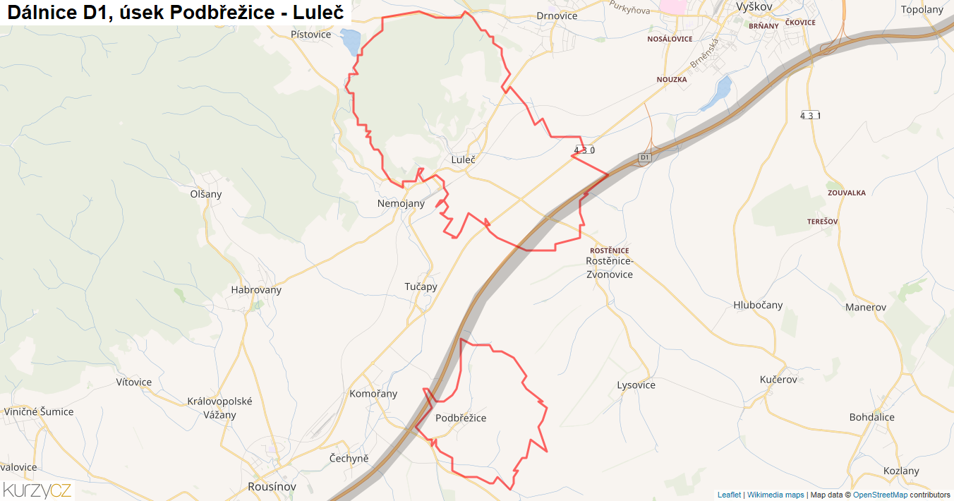 Úsek Podbřežice - Luleč, Dálnice D1 - Mapa
