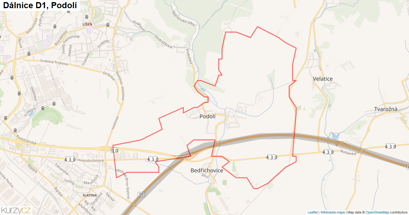 Podolí, Dálnice D1 - Mapa
