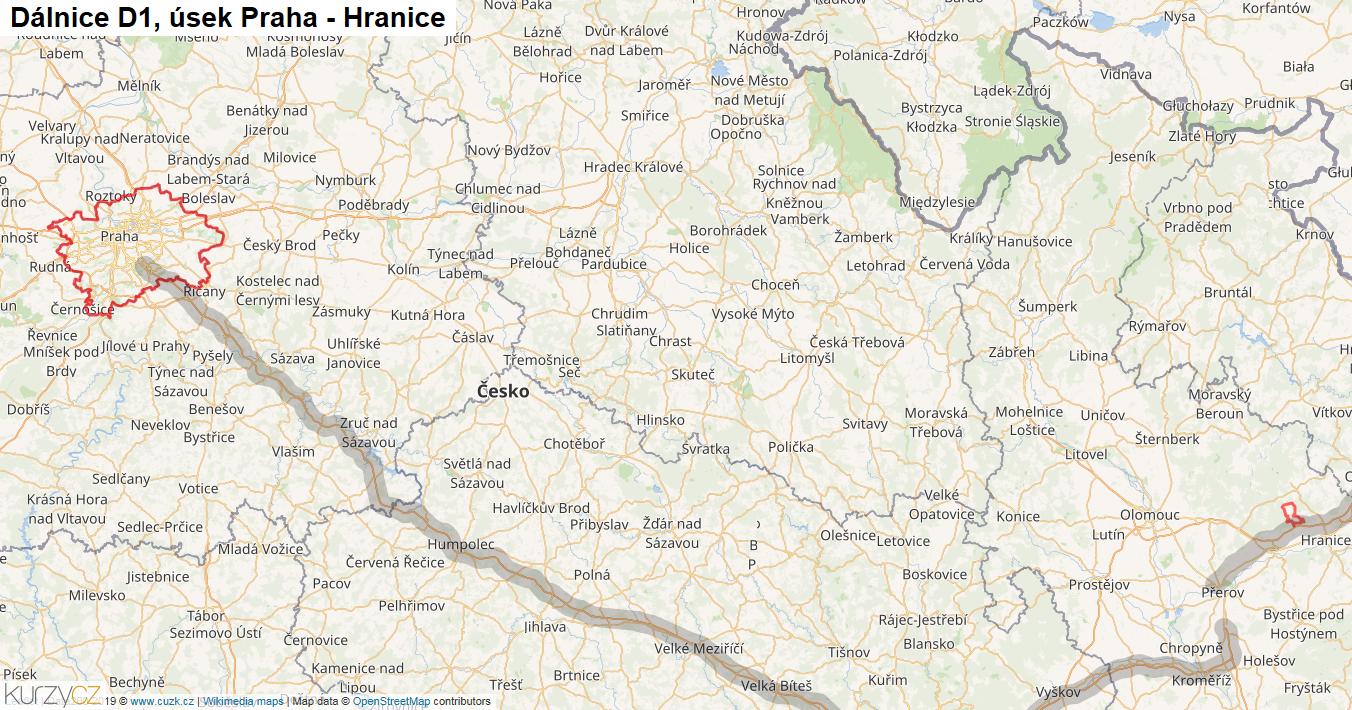 Úsek Praha - Hranice, Dálnice D1 - Mapa