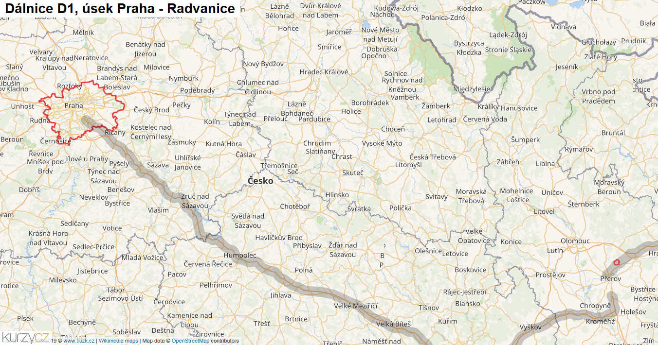 Úsek Praha - Radvanice, Dálnice D1 - Mapa