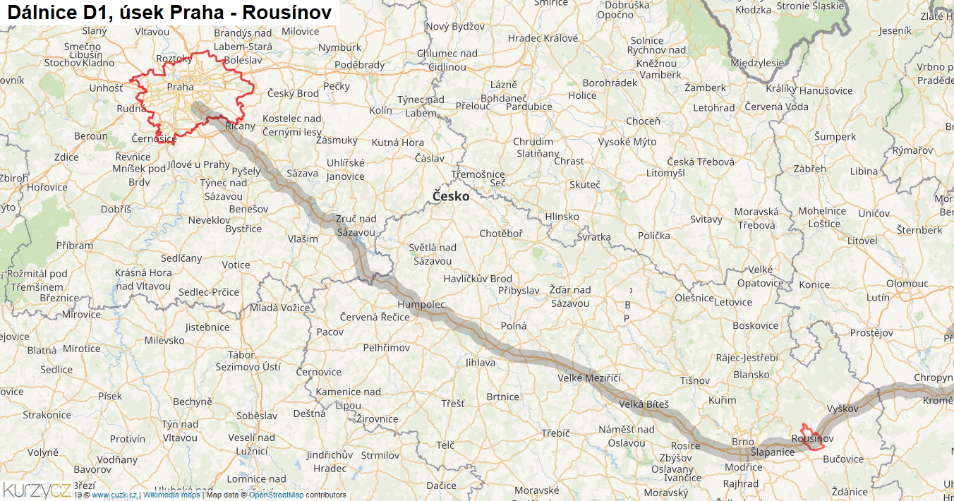 Úsek Praha - Rousínov, Dálnice D1 - Mapa