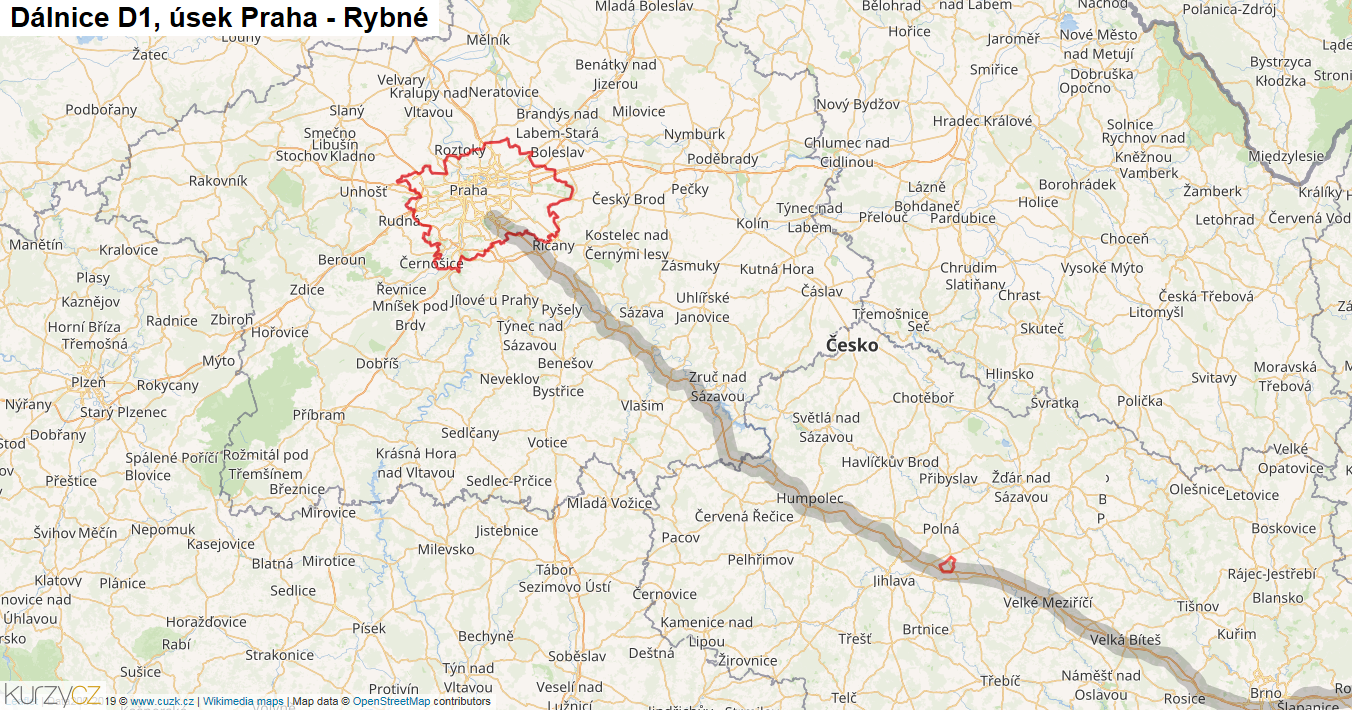 Úsek Praha - Rybné, Dálnice D1 - Mapa