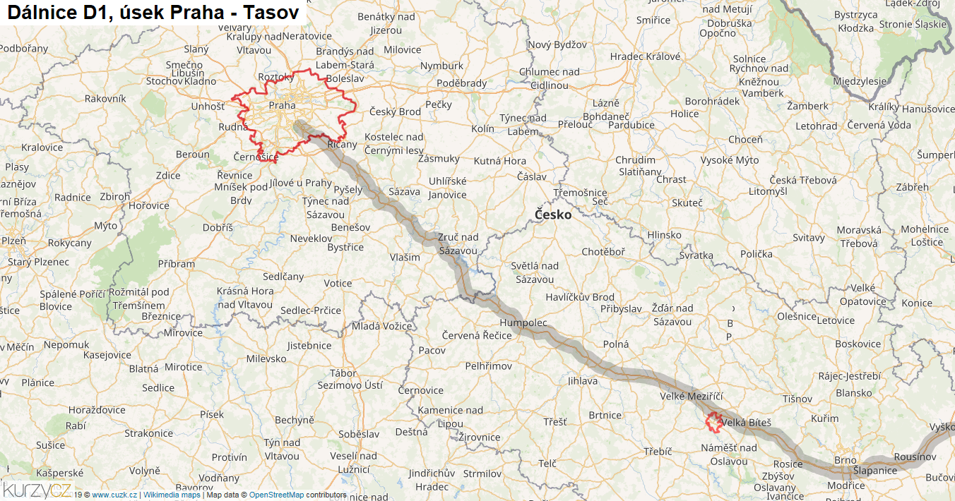 Úsek Praha - Tasov, Dálnice D1 - Mapa