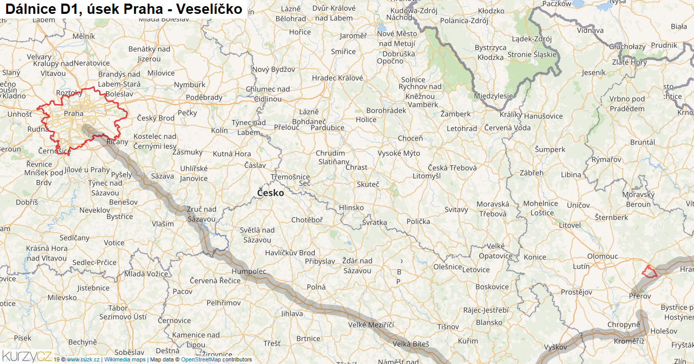 Úsek Praha - Veselíčko, Dálnice D1 - Mapa