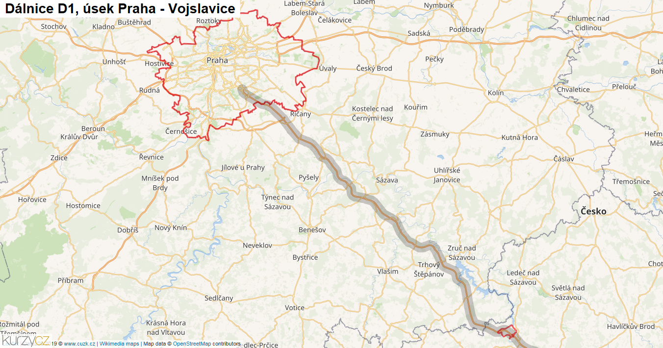 Úsek Praha - Vojslavice, Dálnice D1 - Mapa