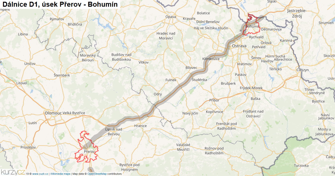Úsek Přerov - Bohumín, Dálnice D1 - Mapa