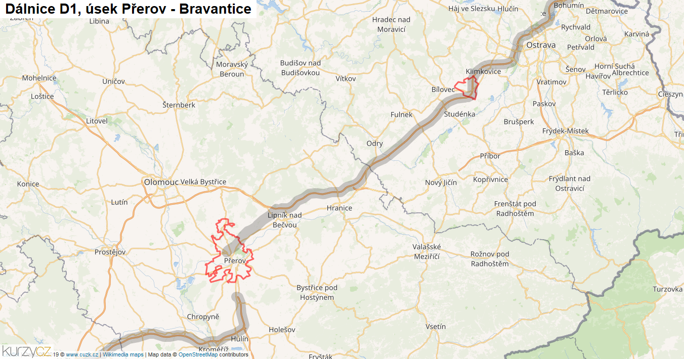 Úsek Přerov - Bravantice, Dálnice D1 - Mapa