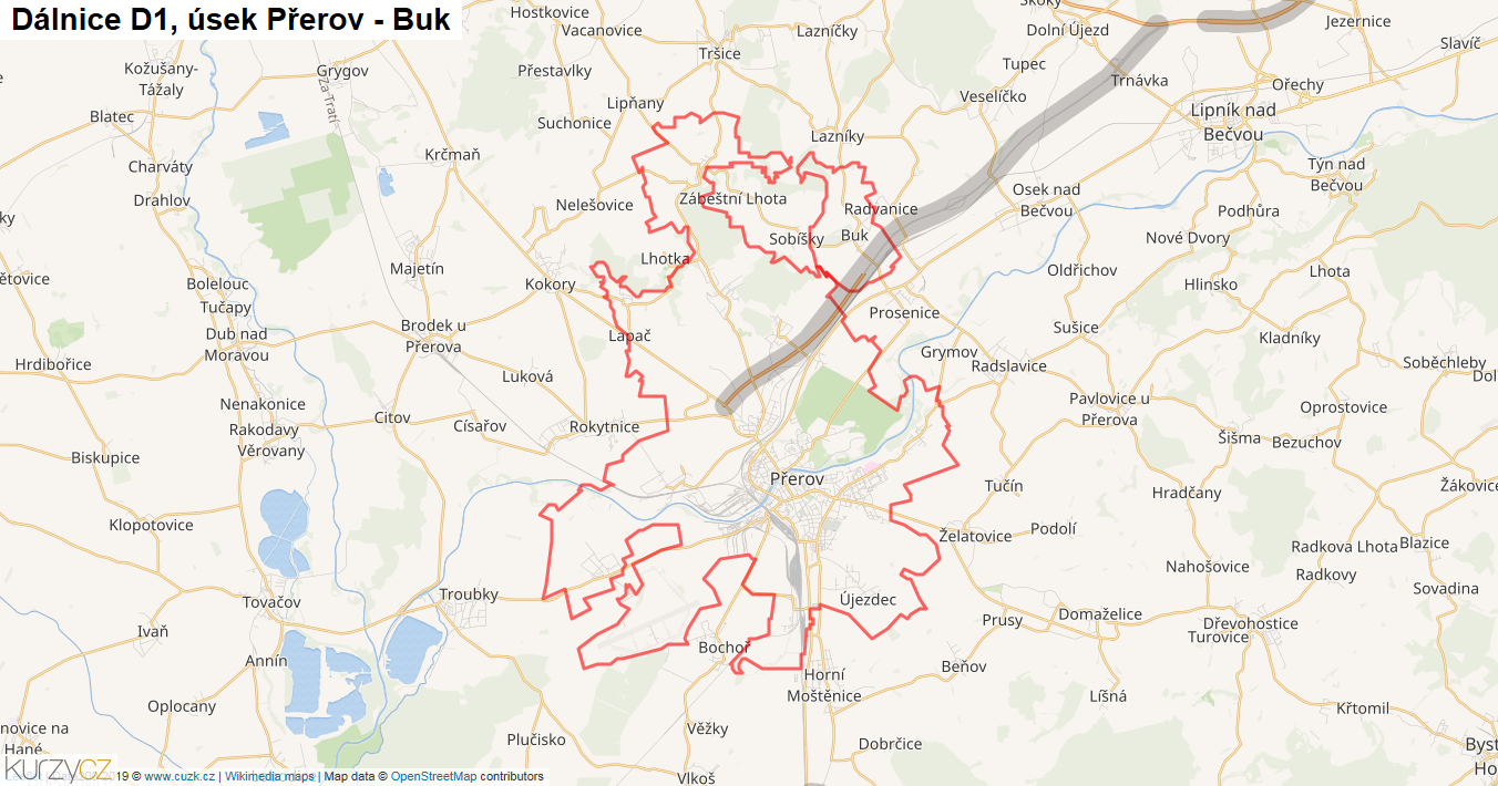 Úsek Přerov - Buk, Dálnice D1 - Mapa