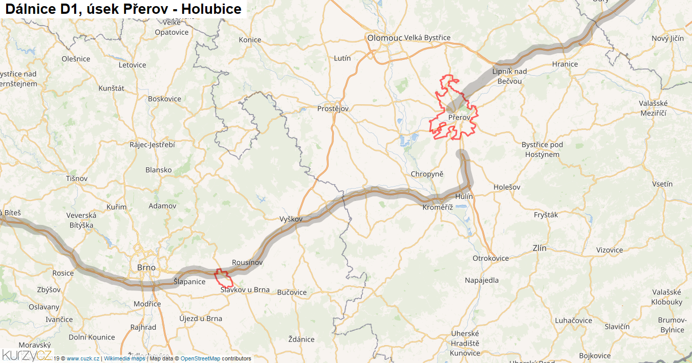 Úsek Přerov - Holubice, Dálnice D1 - Mapa