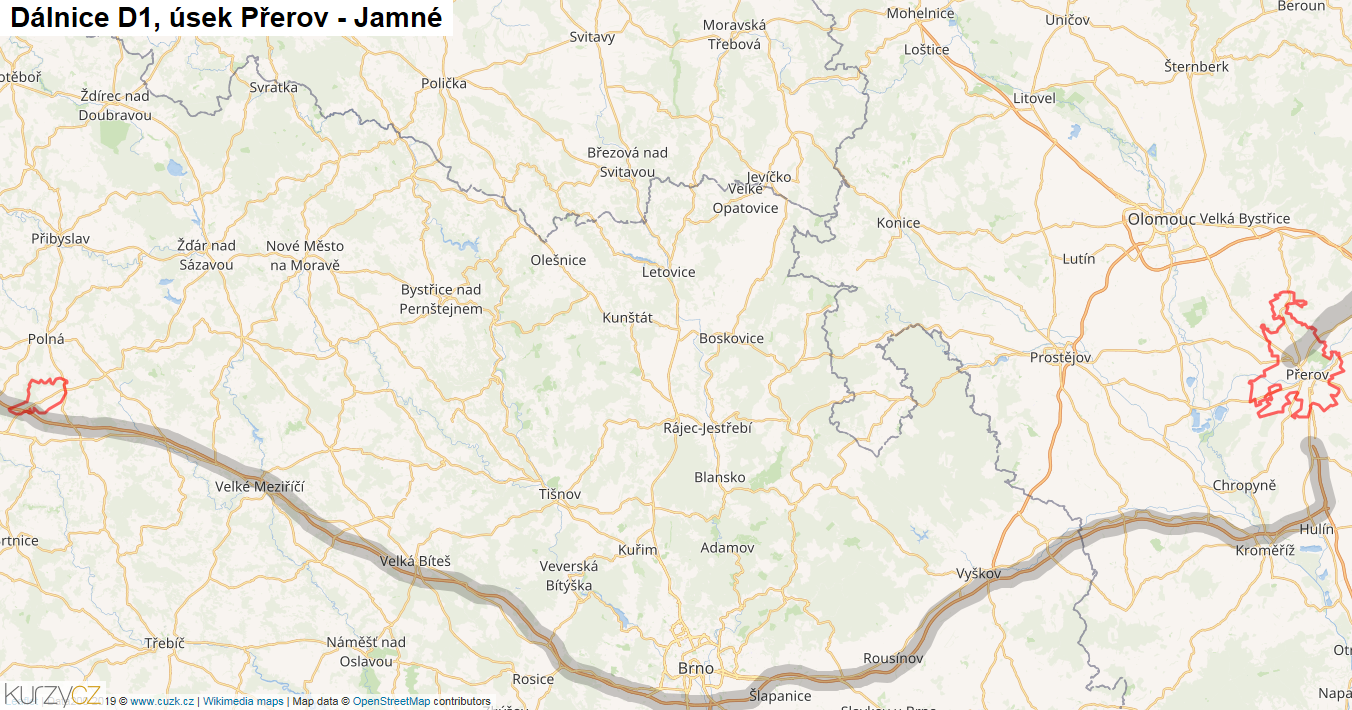 Úsek Přerov - Jamné, Dálnice D1 - Mapa