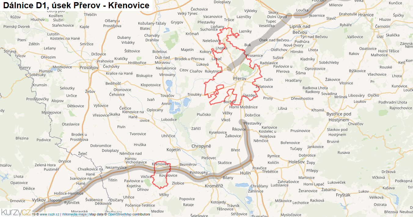 Úsek Přerov - Křenovice, Dálnice D1 - Mapa