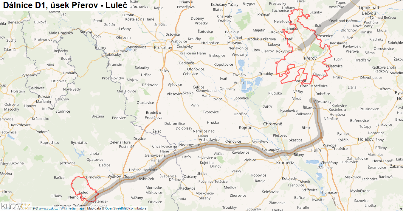 Úsek Přerov - Luleč, Dálnice D1 - Mapa