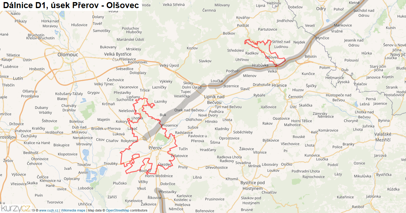Úsek Přerov - Olšovec, Dálnice D1 - Mapa