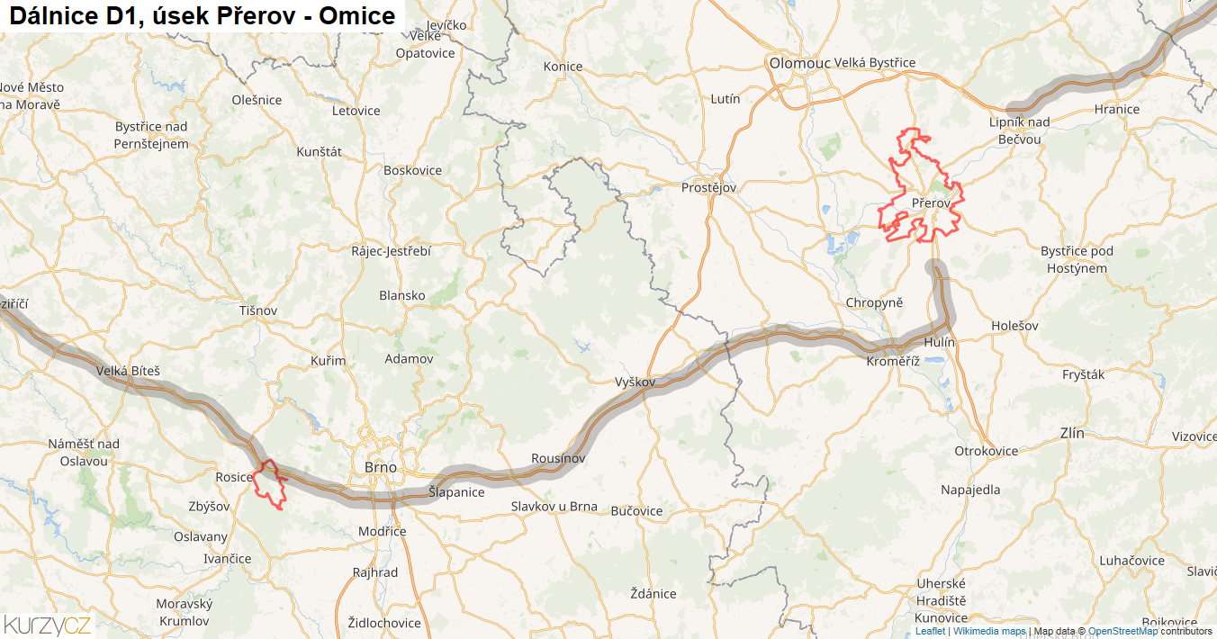 Úsek Přerov - Omice, Dálnice D1 - Mapa