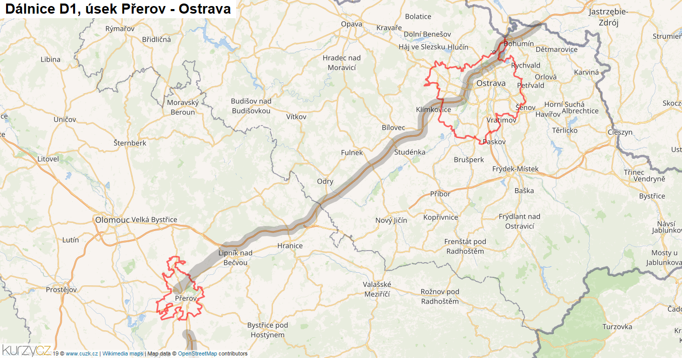 Úsek Přerov - Ostrava, Dálnice D1 - Mapa