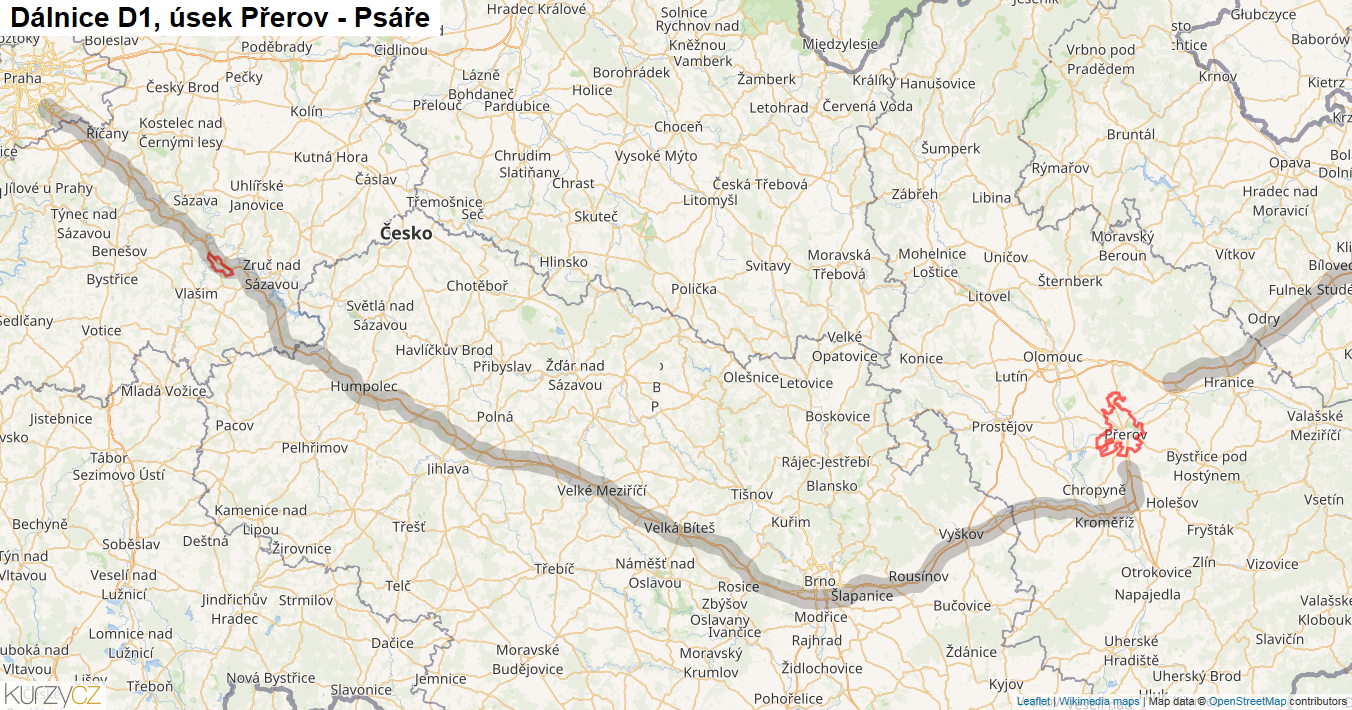 Úsek Přerov - Psáře, Dálnice D1 - Mapa
