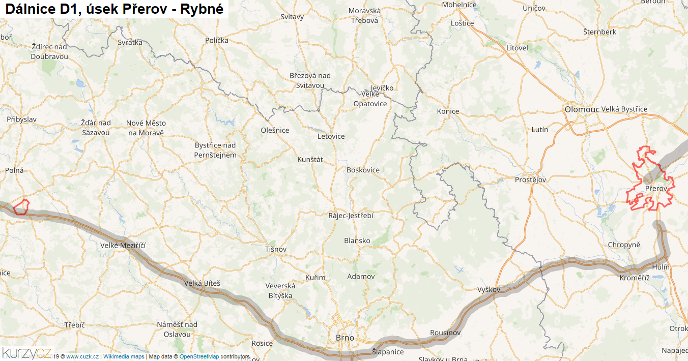Úsek Přerov - Rybné, Dálnice D1 - Mapa