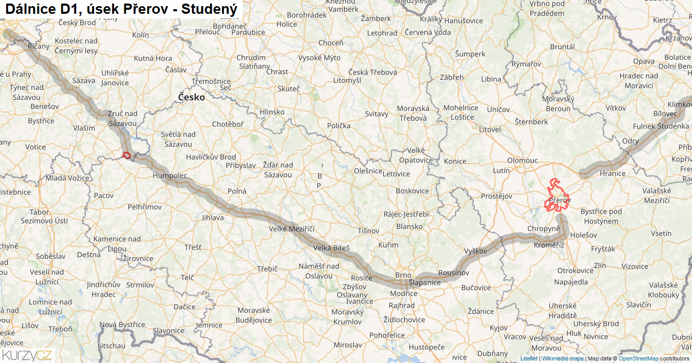 Úsek Přerov - Studený, Dálnice D1 - Mapa