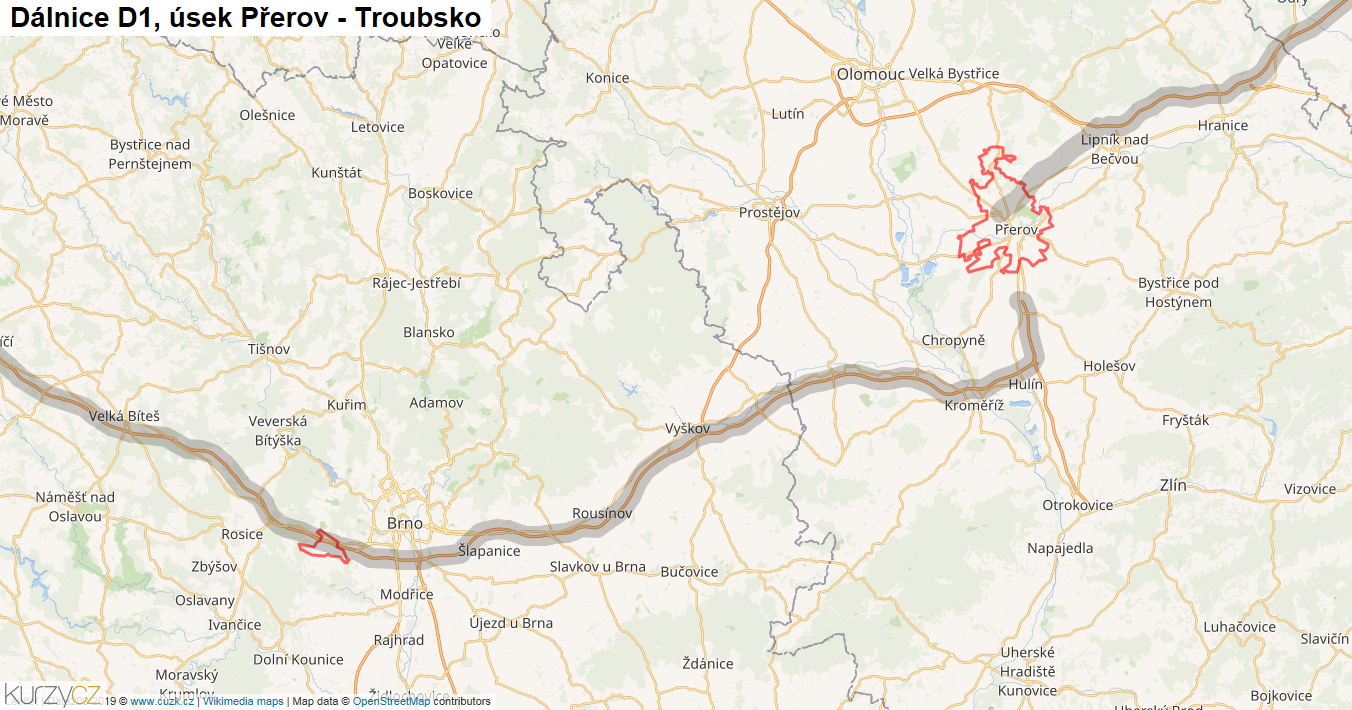 Úsek Přerov - Troubsko, Dálnice D1 - Mapa