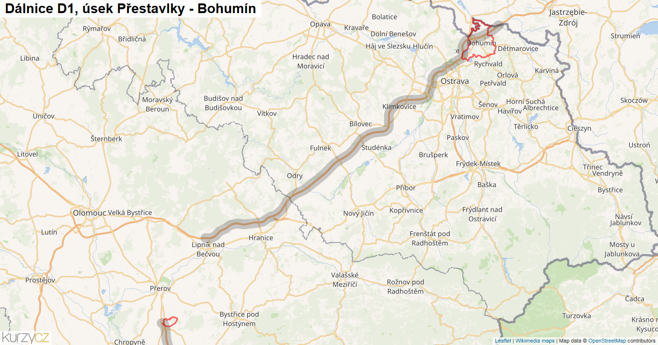 Úsek Přestavlky - Bohumín, Dálnice D1 - Mapa