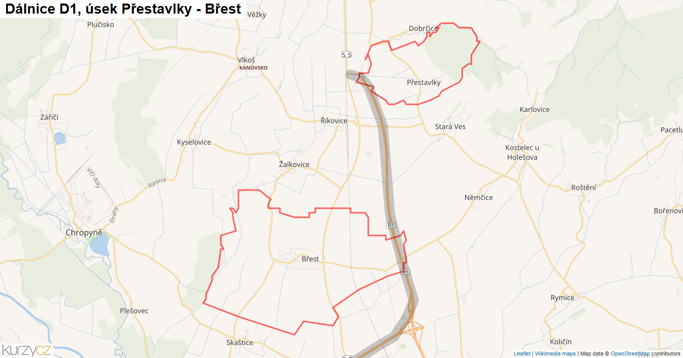 Úsek Přestavlky - Břest, Dálnice D1 - Mapa