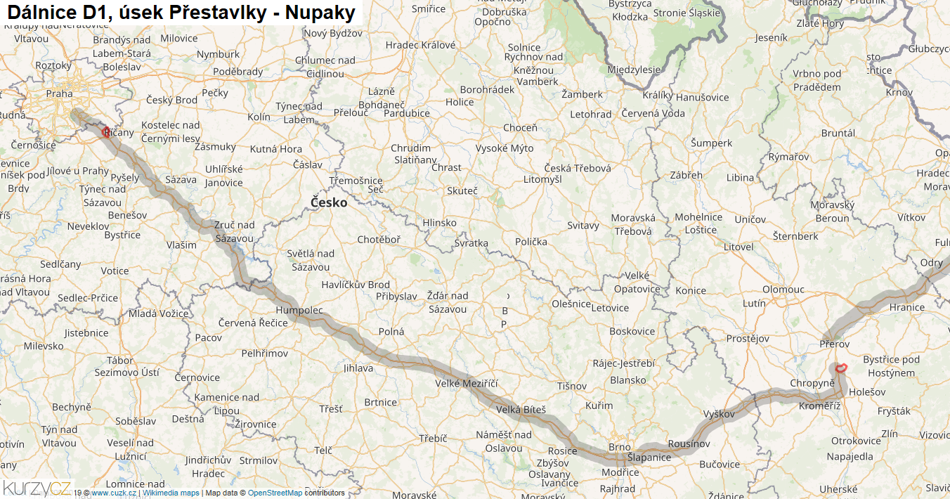 Úsek Přestavlky - Nupaky, Dálnice D1 - Mapa