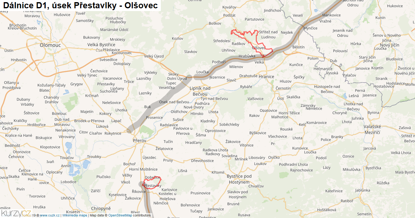 Úsek Přestavlky - Olšovec, Dálnice D1 - Mapa