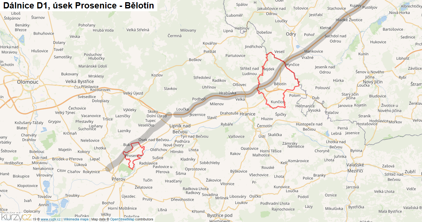 Úsek Prosenice - Bělotín, Dálnice D1 - Mapa
