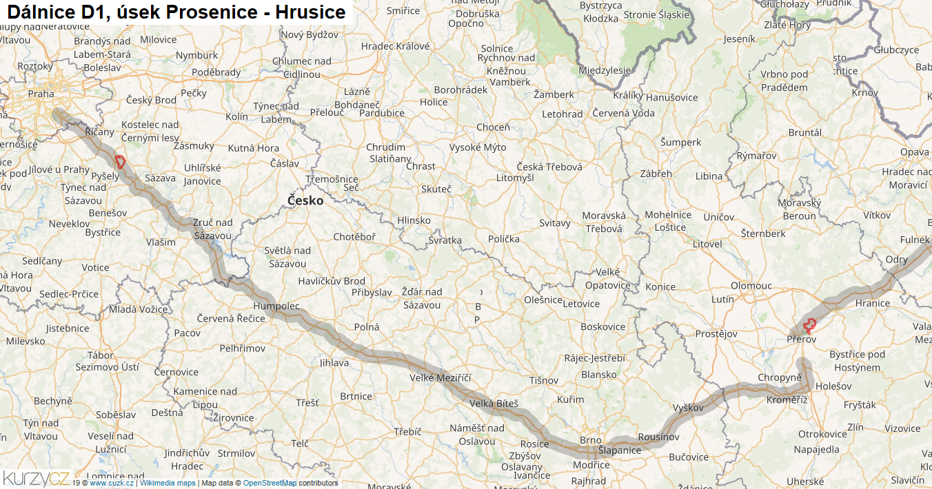 Úsek Prosenice - Hrusice, Dálnice D1 - Mapa