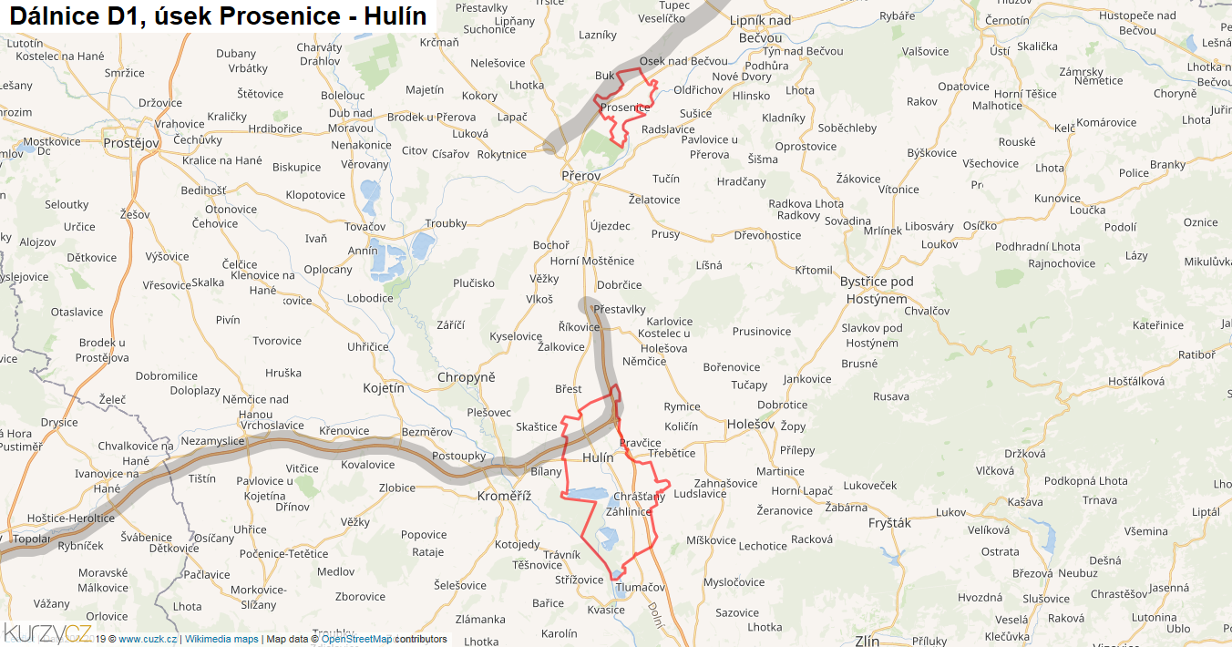 Úsek Prosenice - Hulín, Dálnice D1 - Mapa
