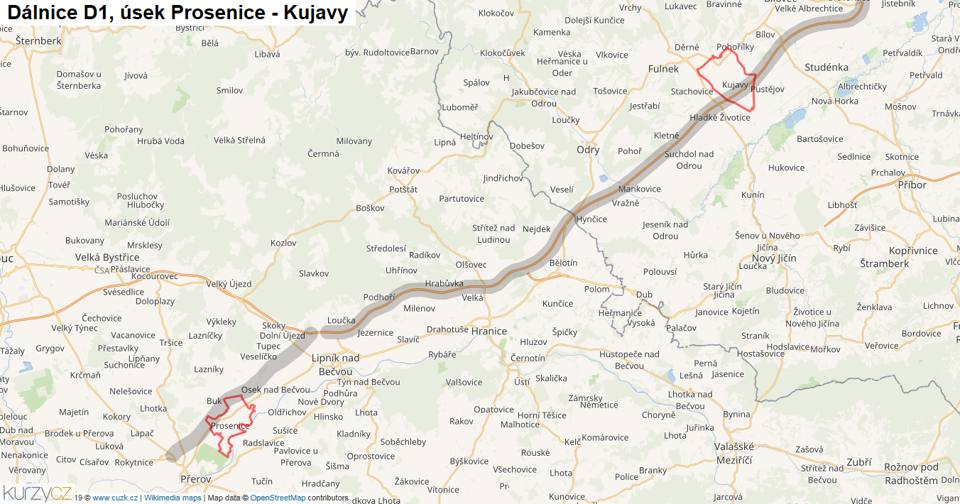 Úsek Prosenice - Kujavy, Dálnice D1 - Mapa