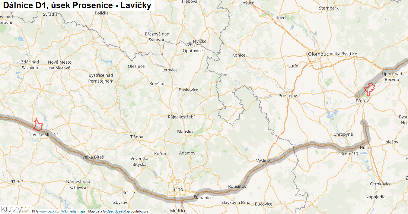Úsek Prosenice - Lavičky, Dálnice D1 - Mapa